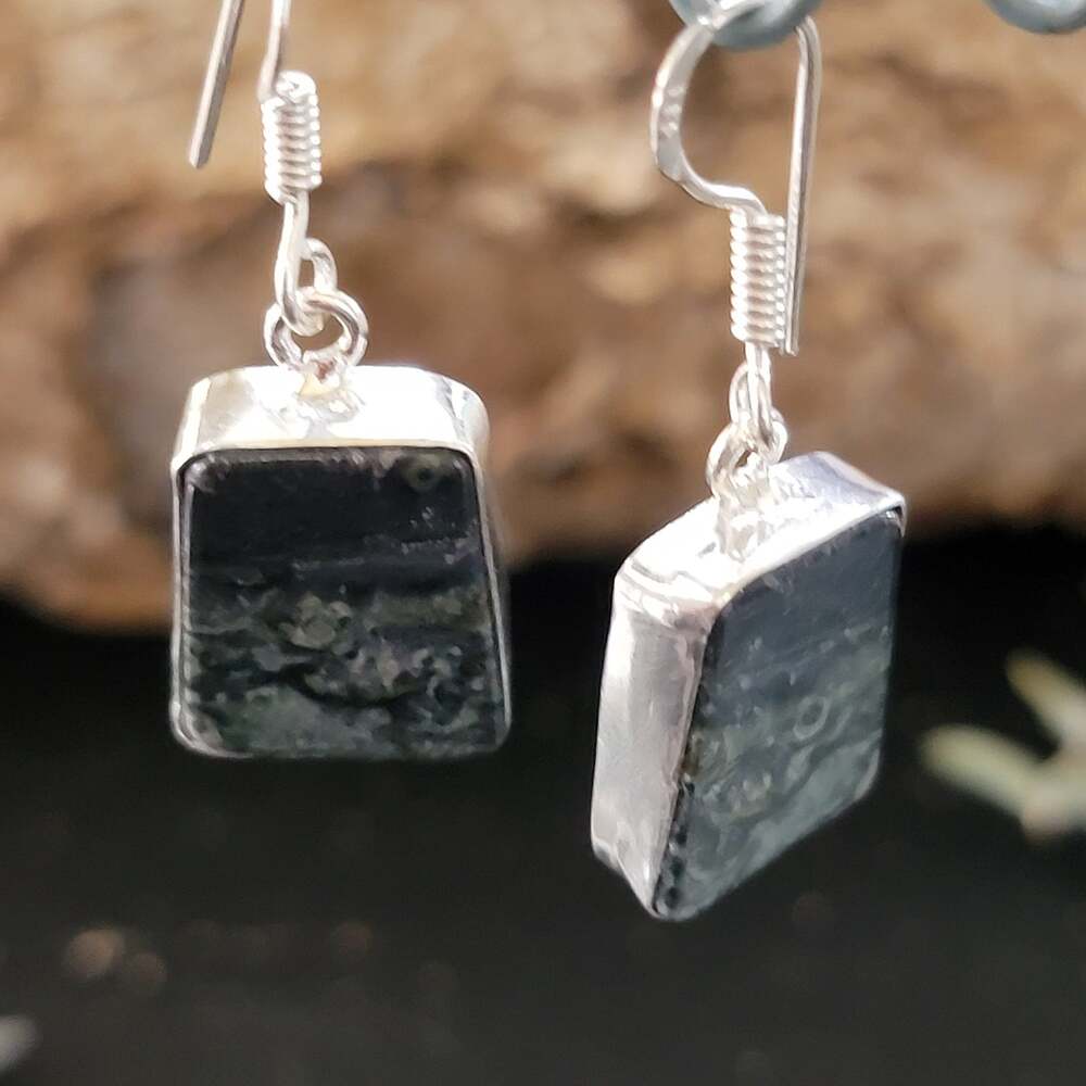 Sterling Silver Blue Green Stone Dangle Earrings Rectangular 1 Inch Minimalist